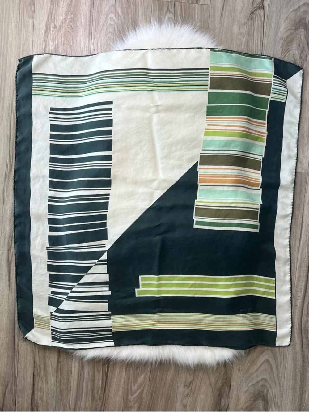 Vintage Pierre Cardin Silk Scarf Geometric Striped Cream, Dark Green, Mint, Tan